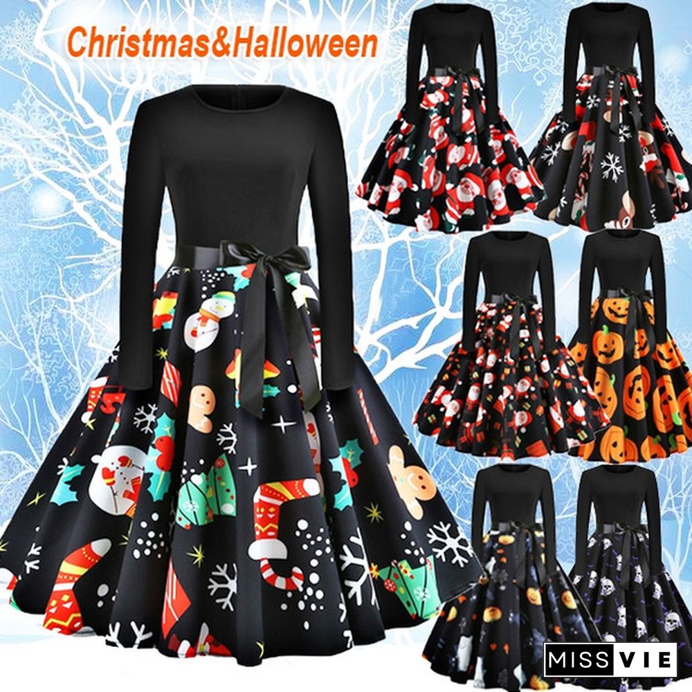 NEW Fashion Women Autumn and Winter Xmas Clothes Christmas Costume Casual Long Sleeve Halloween Print Flared Dress Party Dress