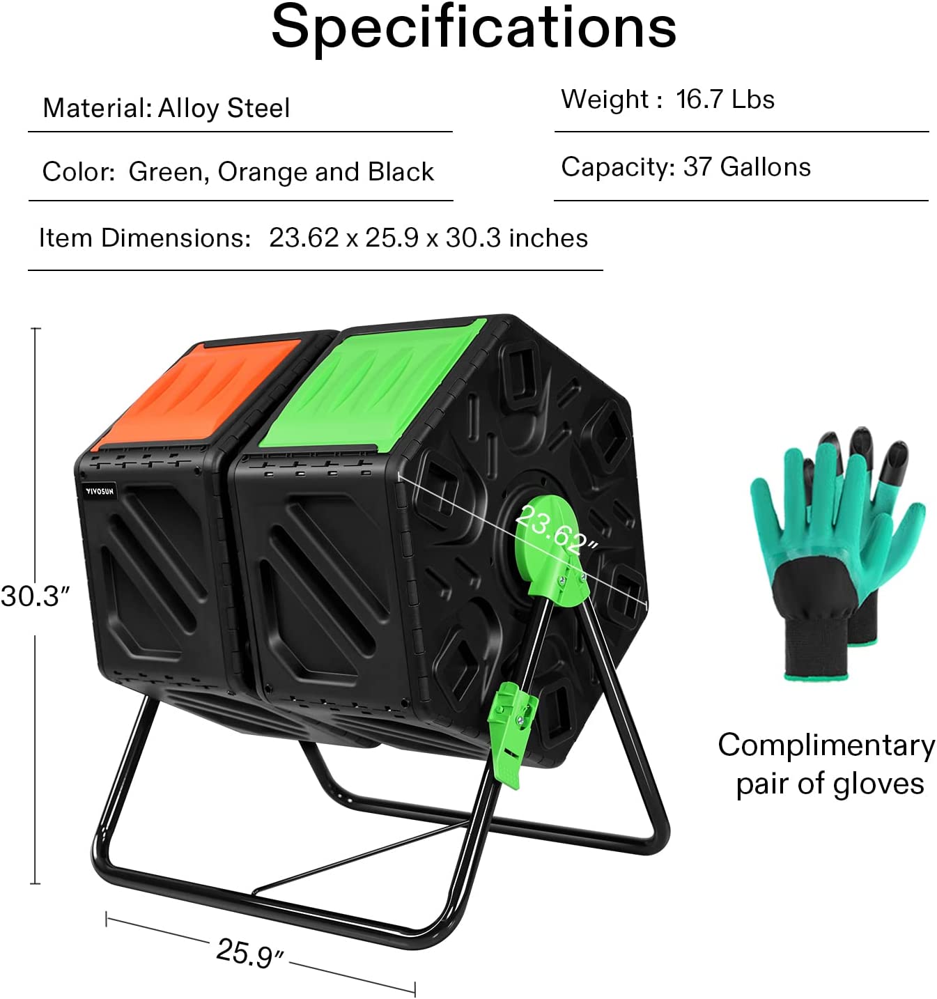 VIVOSUN Dual Chamber Tumbling Composter, 2X 18.5 Gallon Compost Bin, Heavy-Duty Compost Tumbler w/Sliding Door