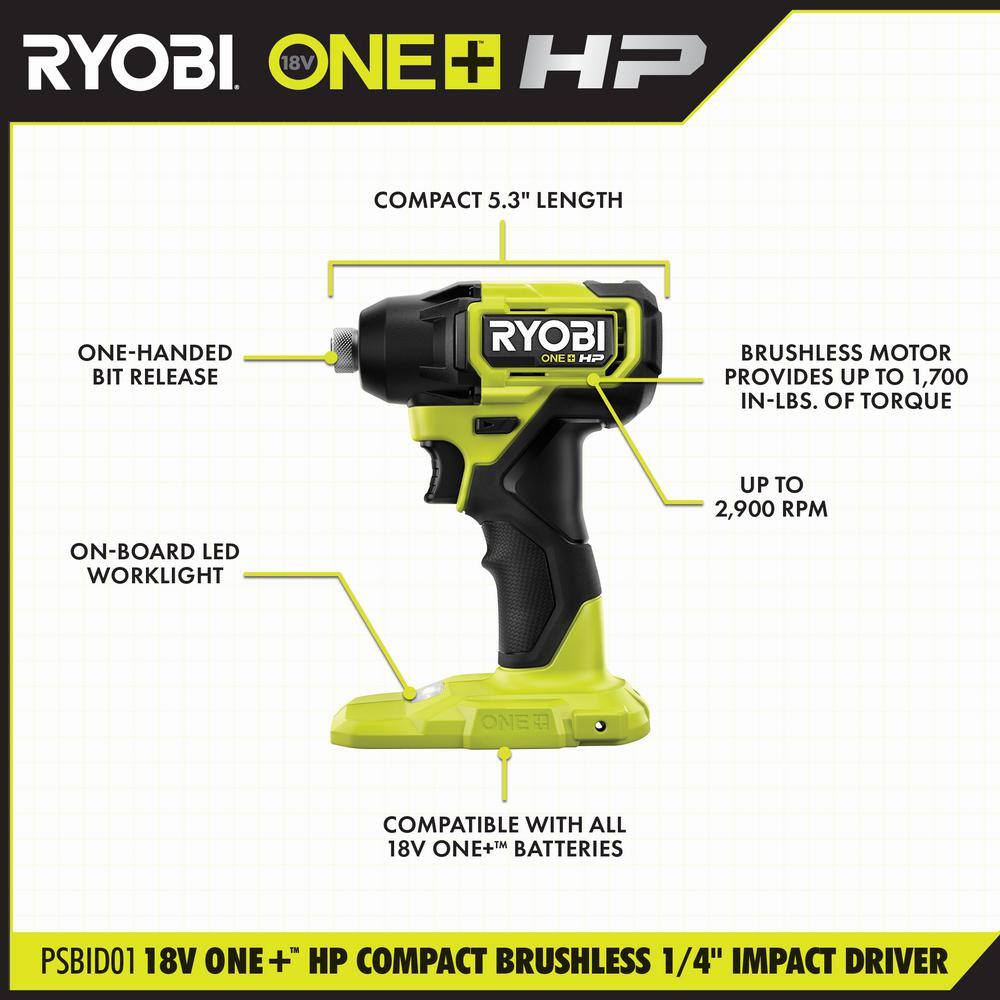 RYOBI ONE+ HP 18V Brushless Cordless Compact 14 in. Impact Driver (Tool Only) PSBID01B