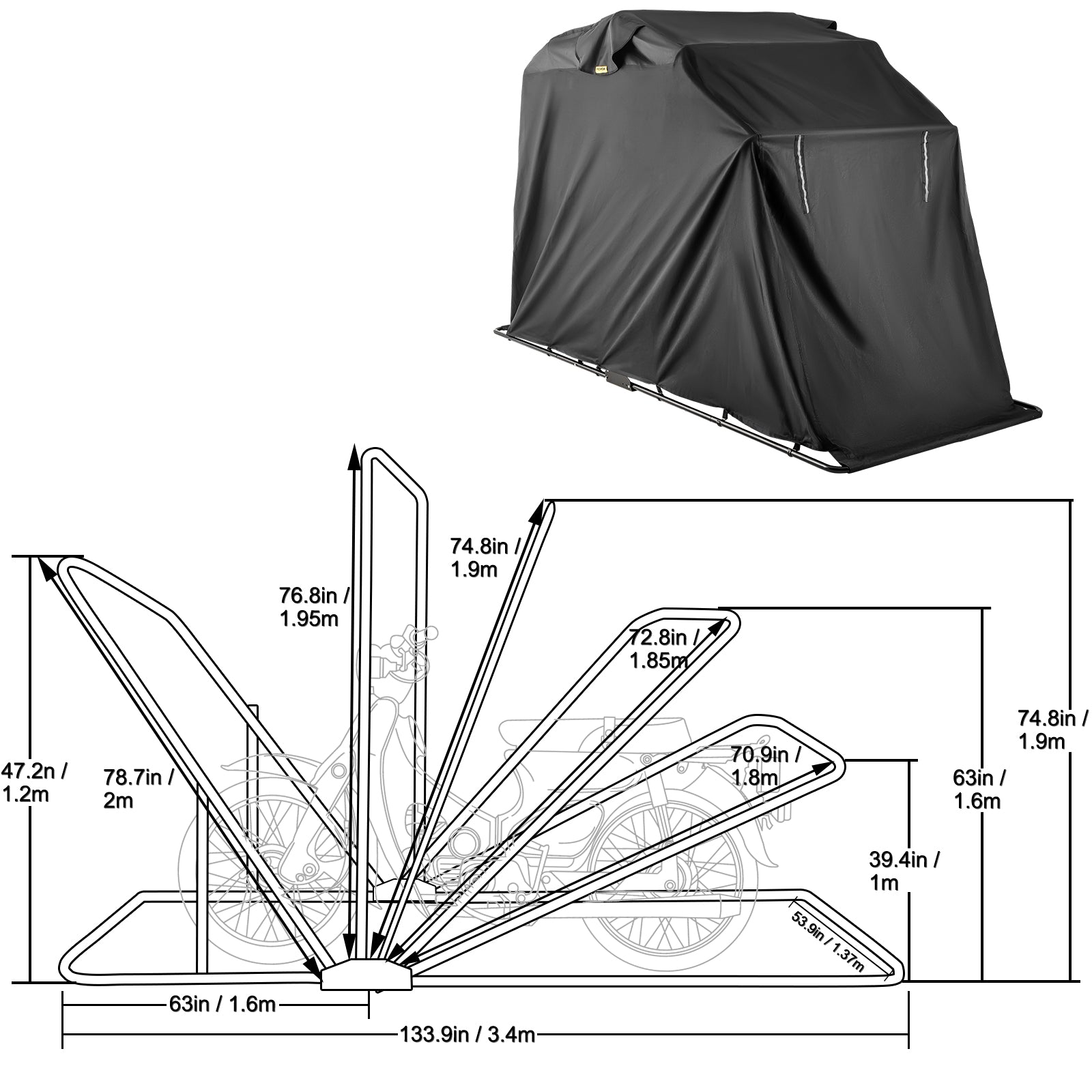 VEVORbrand Motorcycle Scooter Bike Cover Shelter， Waterproof Outdoor Storage Tent， Heavy Duty Shed， 600D Oxford Anti-UV， 133.9