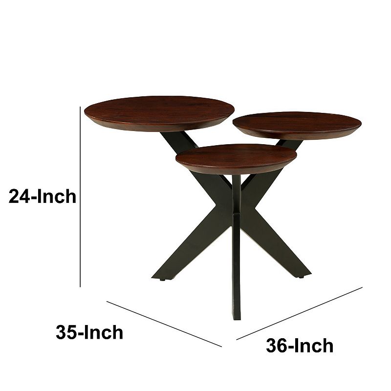 Modern Coffee Table with 3 Tier Wooden Top and Boomerang Legs， Brown and Black