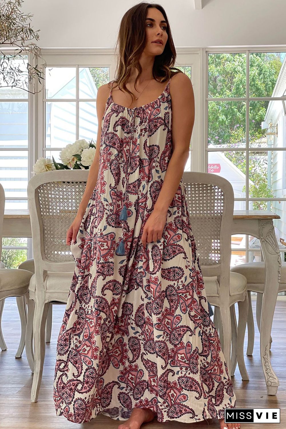 White Boho Paisley Print Spaghetti Straps Maxi Dress