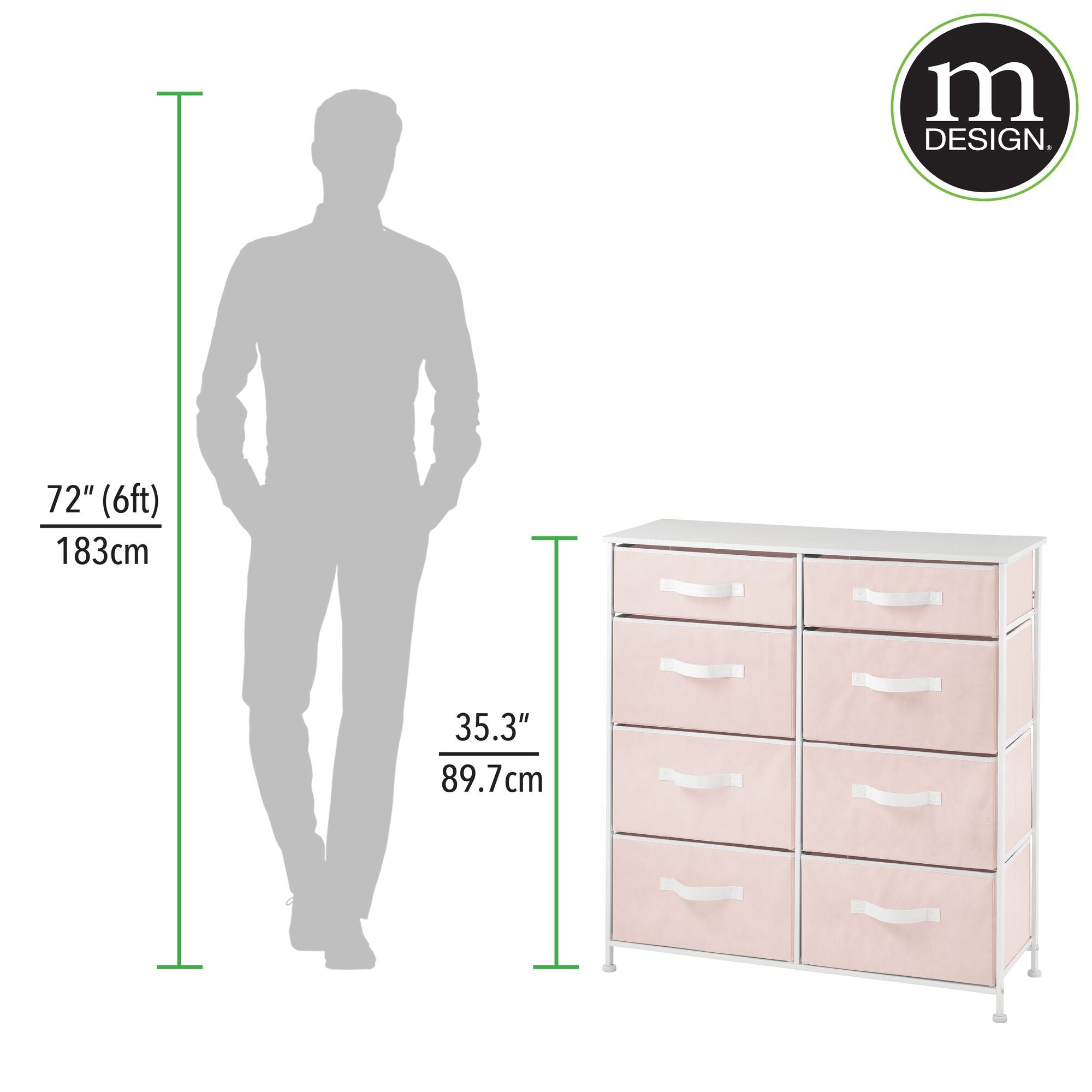 mDesign Tall Steel Frame/Wood Top Storage Dresser Furniture with 8 Slim Fabric Drawers, Large Bureau Organizer for Baby, Kid, Teen Bedroom, Nursery, Playroom, Dorm - Jane Collection, Pink/White