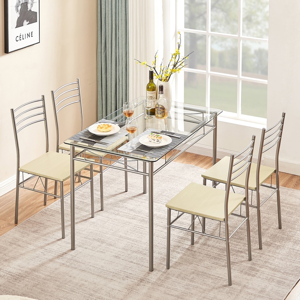 5 pieces Modern Dining Sets Tempered Glass Table Top and 4 PU Chairs