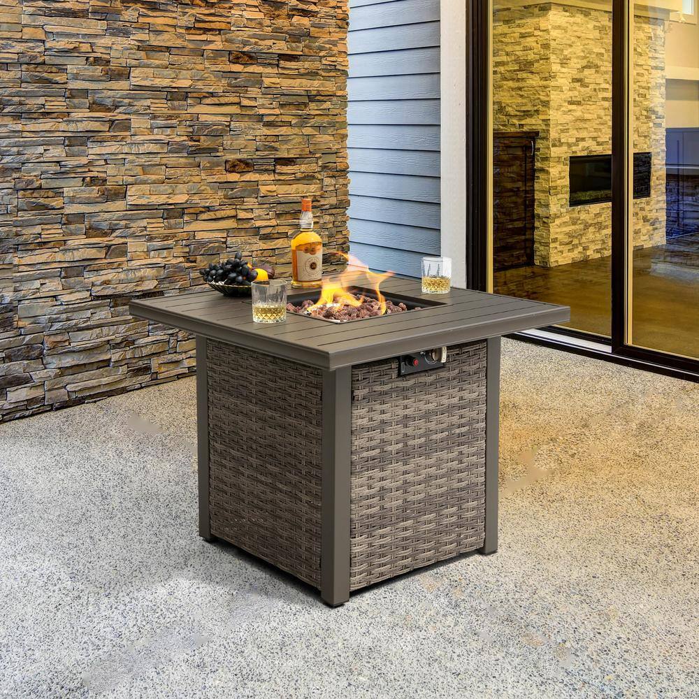 Nuu Garden 32 in. Square Wicker Fire Pit Table Outdoor Propane Gas Fire Pit Table Brown AF018