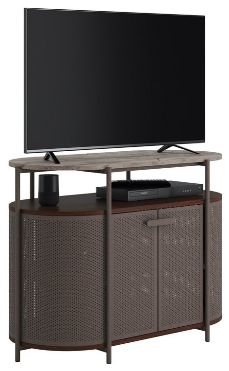 Sauder Radial Engineered Wood TV Stand in Umber Wood Finish/Dark Wood   Industrial   Entertainment Centers And Tv Stands   by Homesquare  Houzz