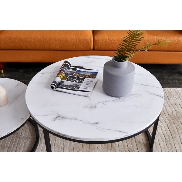 31.5 in. White Round Nesting MDF Coffee Table with Marble Color Top