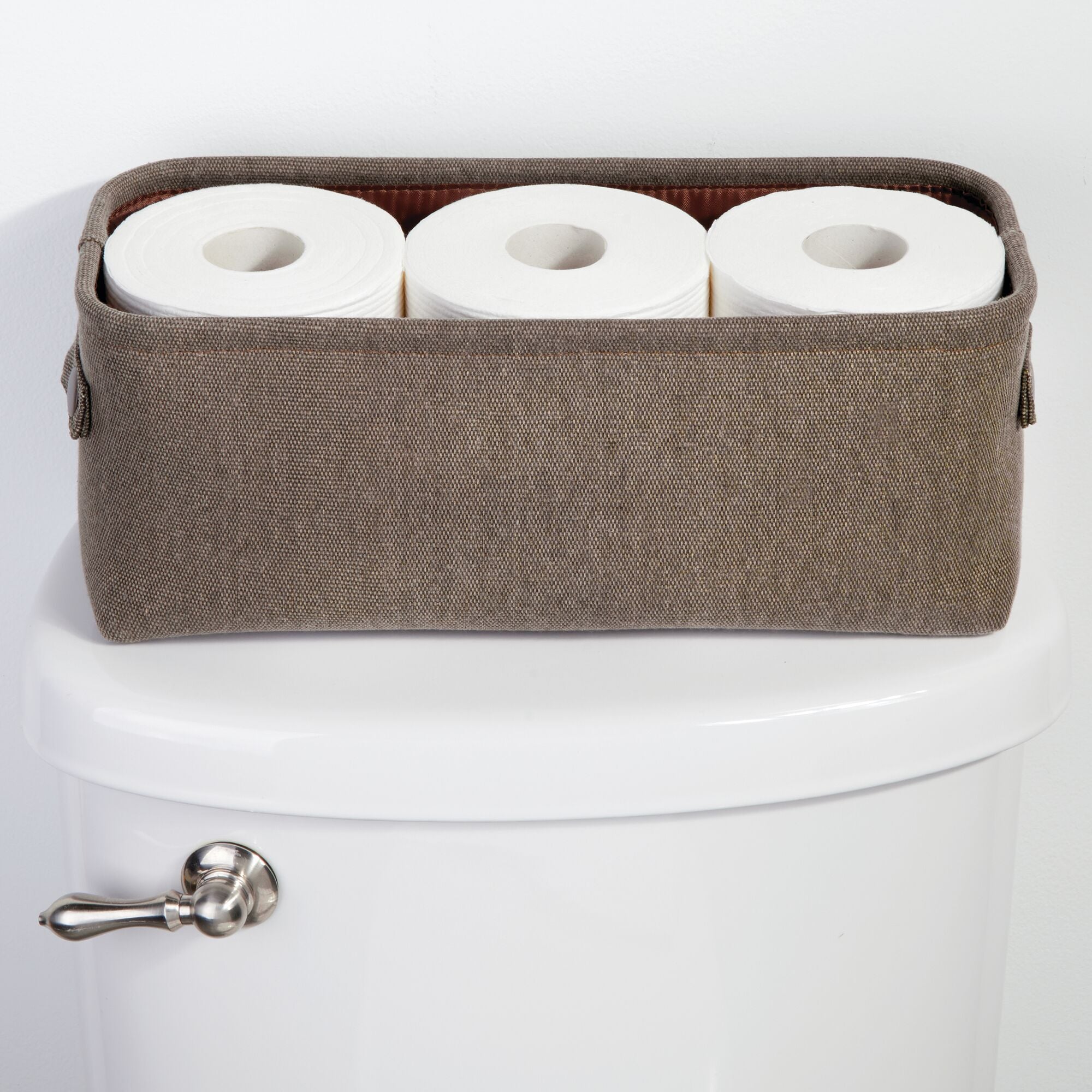 mDesign Soft Cotton Fabric Bathroom Storage with Attached Handles - Organizer for Towels, Toilet Paper Rolls - For Back of Toilet, Cabinets, and Vanities, 4 Pack - Espresso Brown