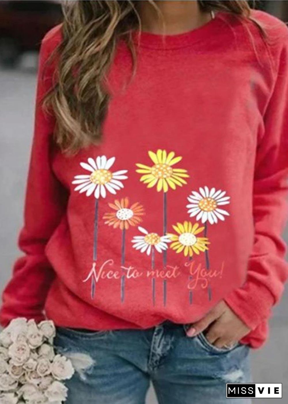 Nice to meet you' & Daisy Print Sweatshirt