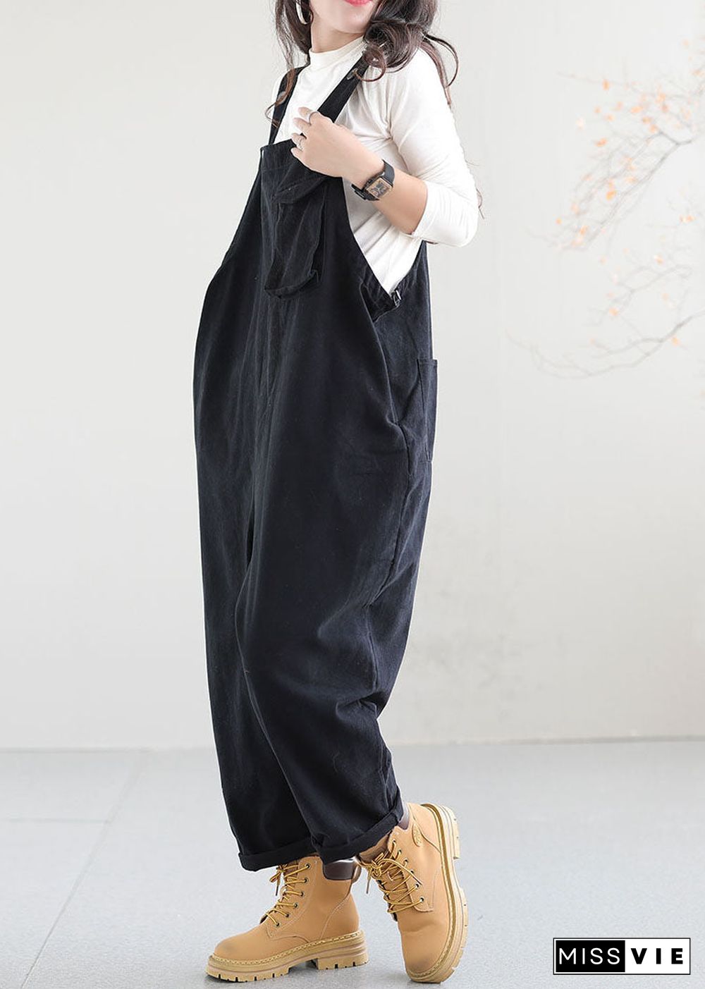 Black Pockets Patchwork Cotton Jumpsuit Button Spring