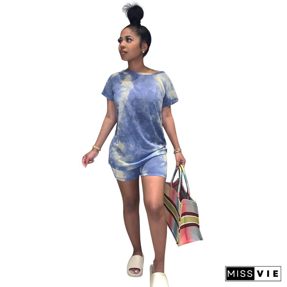 Casual Tie Dye Print T Shirt Jogger Shorts Tracksuit