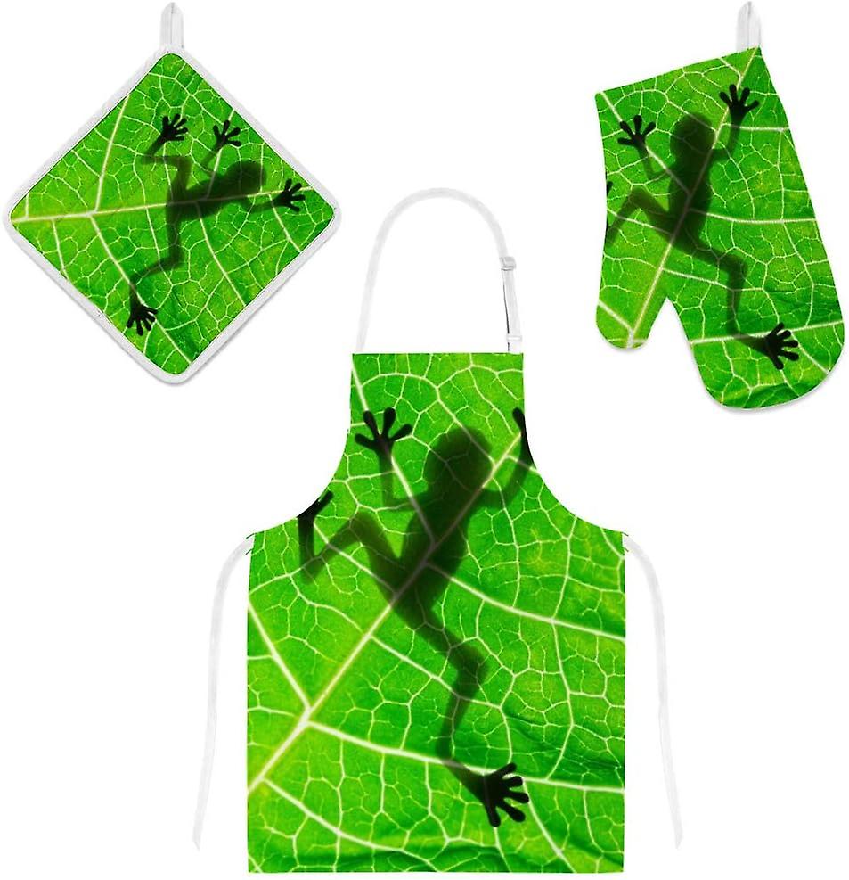 Insulation Kitchen Oven Mitts Potholder Apron 3pcs Set Frog Shadow On Leaf Non Slip Heat Resistant Gloves For Baking Cooking Bbq