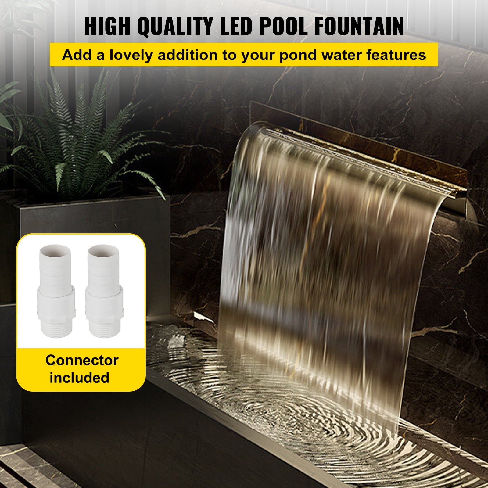 VEVORbrand Pool Fountain 47.2" x 4.5" x 3.1" Stainless Steel Pool Waterfall with LED Strip Light Waterfall Spillway with Pipe Connector Rectangular Garden Outdoor