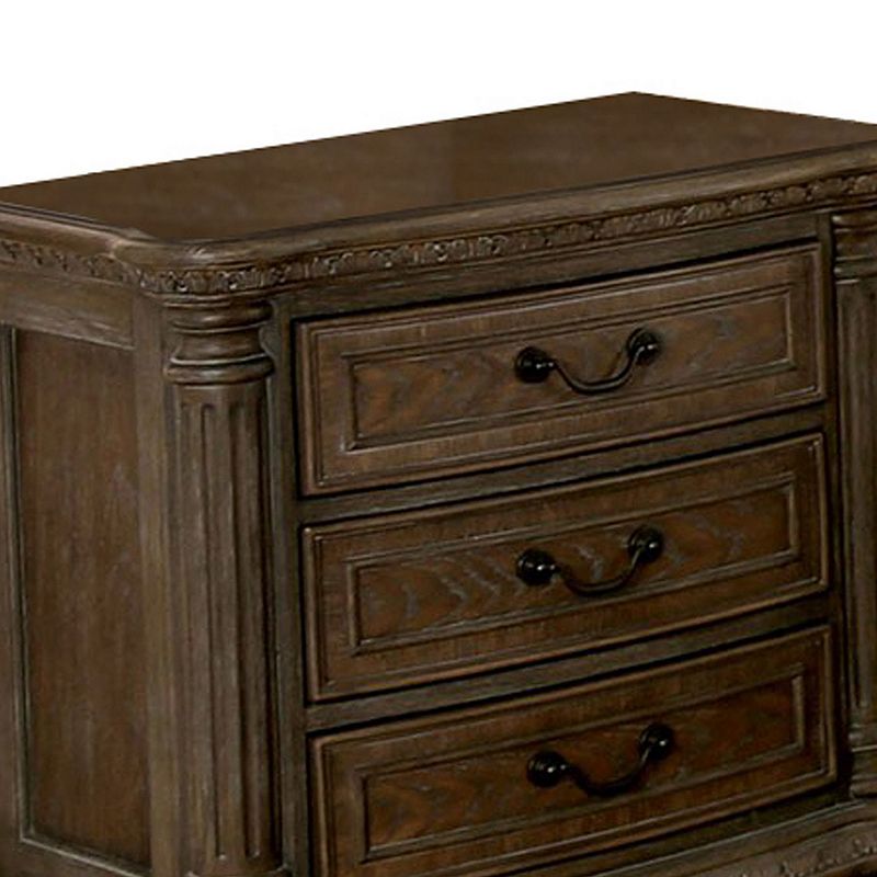 Wooden Nightstand with 3 Drawers and Intricate Carving Details， Brown