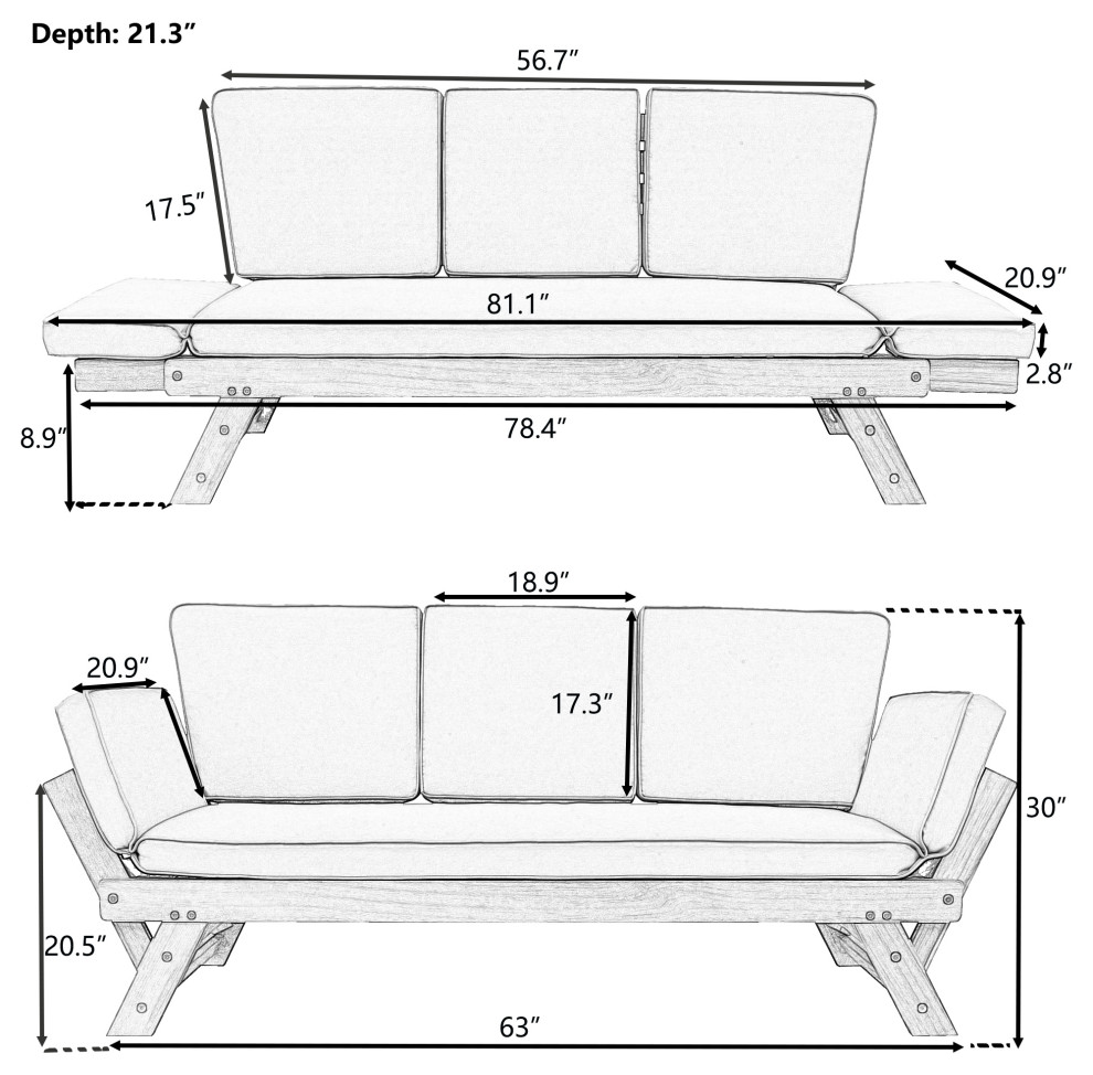 Outdoor Adjustable Wooden Patio Daybed Sofa Chaise Lounge With Cushions   Transitional   Outdoor Chaise Lounges   by AquaView Inc  Houzz