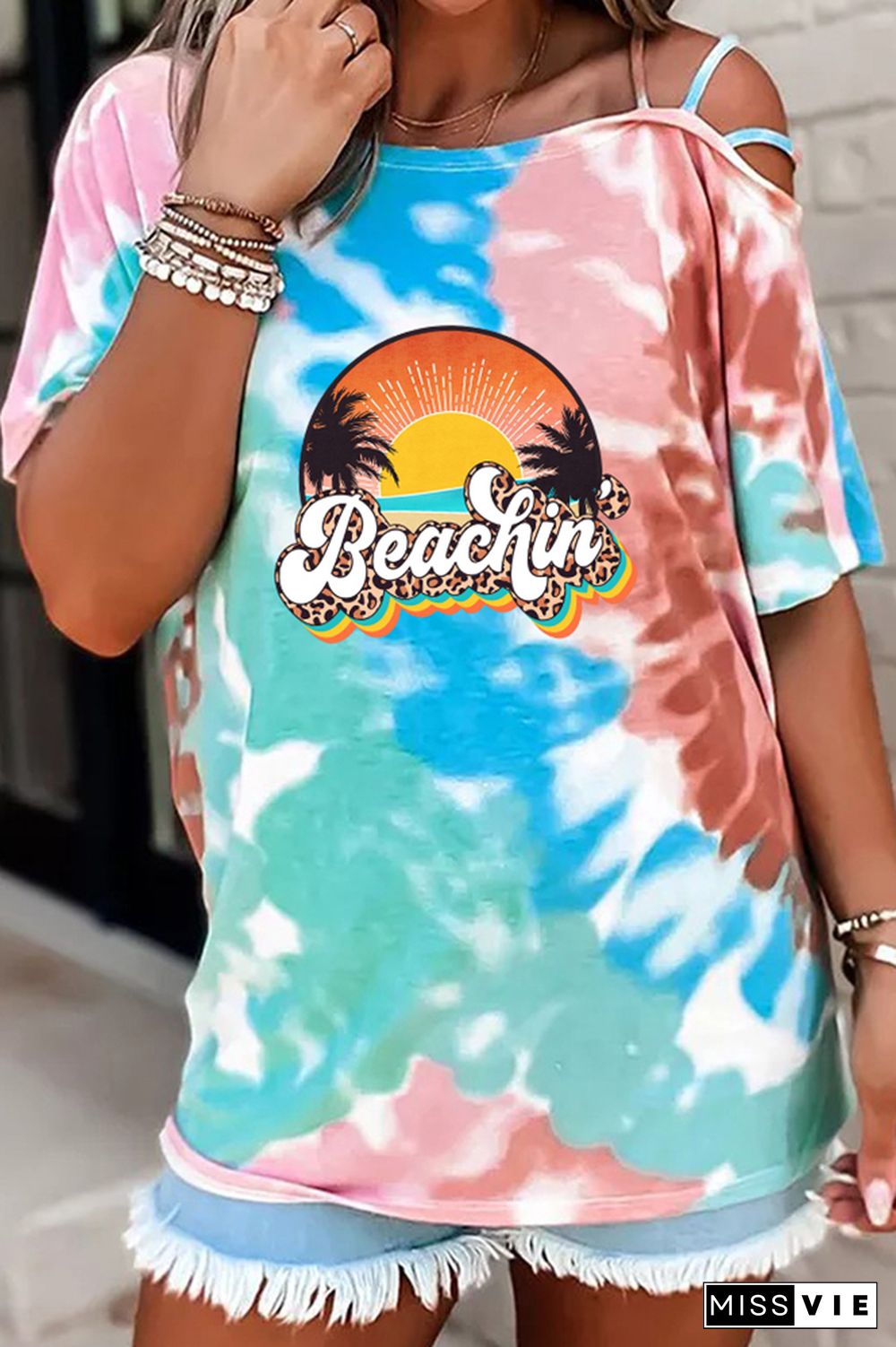 Beachin' Retro Leopard Print Graphic Tees for Women Wholesale Short Sleeve T shirts Top