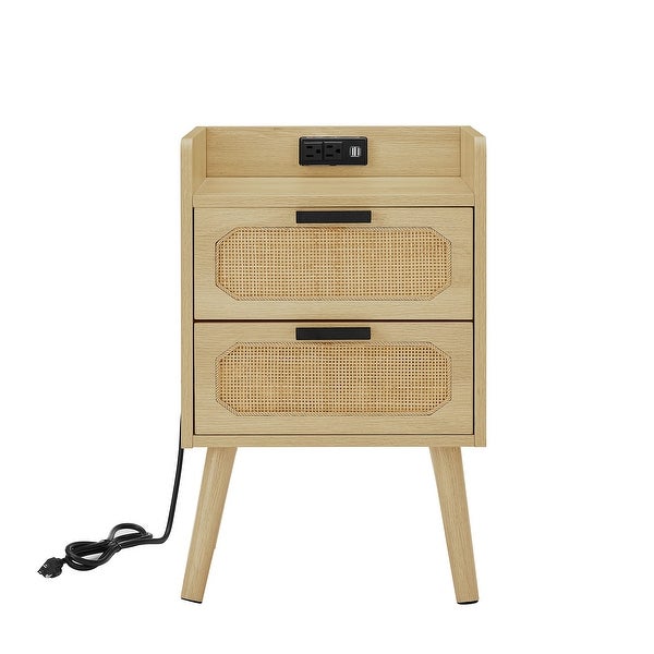 Set of 2， Rattan Nightstand with Charging Station， Bedside Table End Table with USB Outlets and 2 Drawers， Wood Side Table - - 37628819