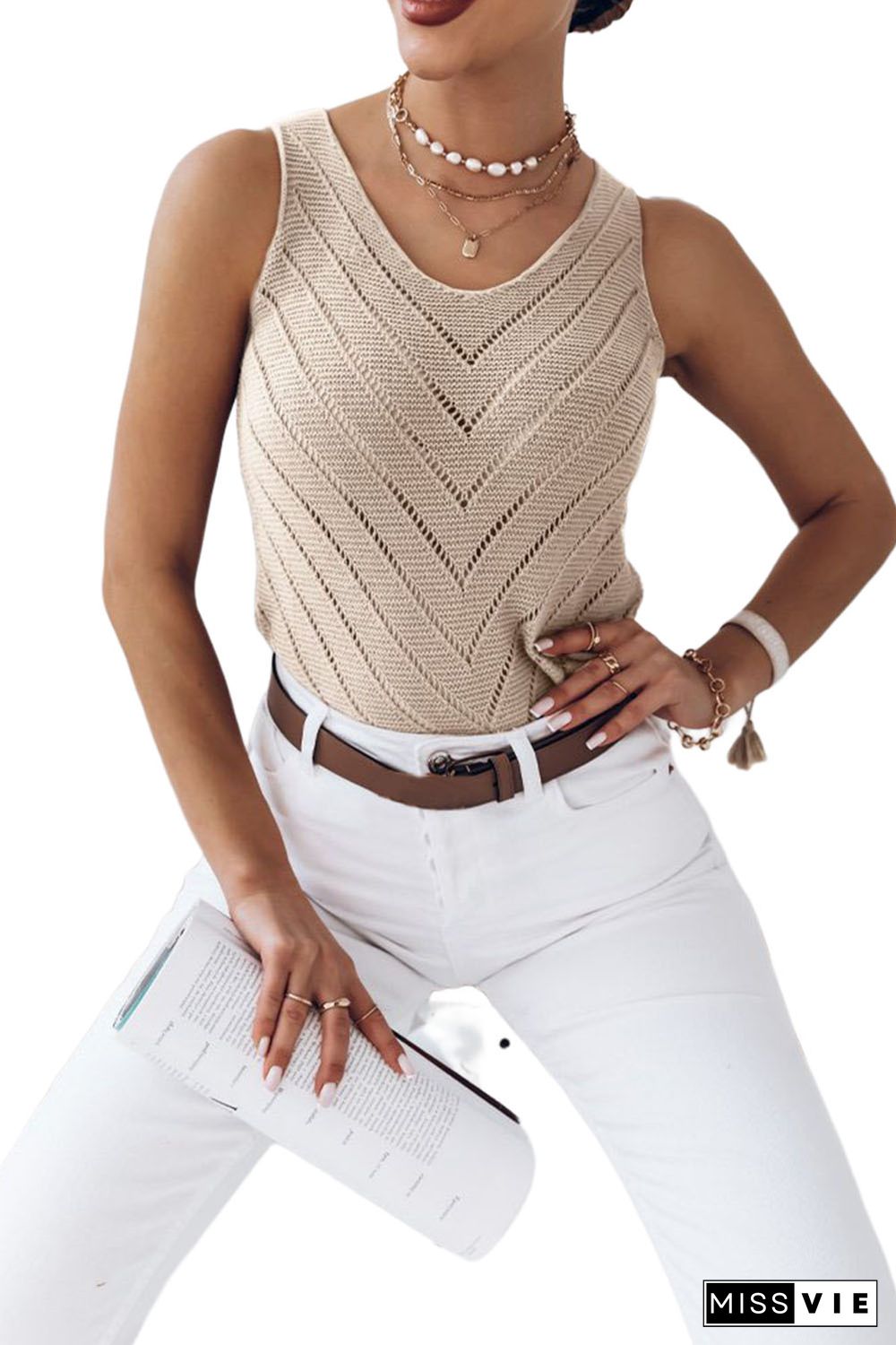 Khaki Chevron Hollowed Knit Tank Top