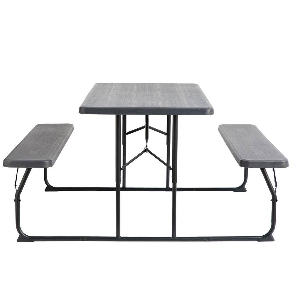 Gardenised Woodgrain Plastic and Steel Gray Outdoor Foldable Portable Picnic Table Set QI003910GY