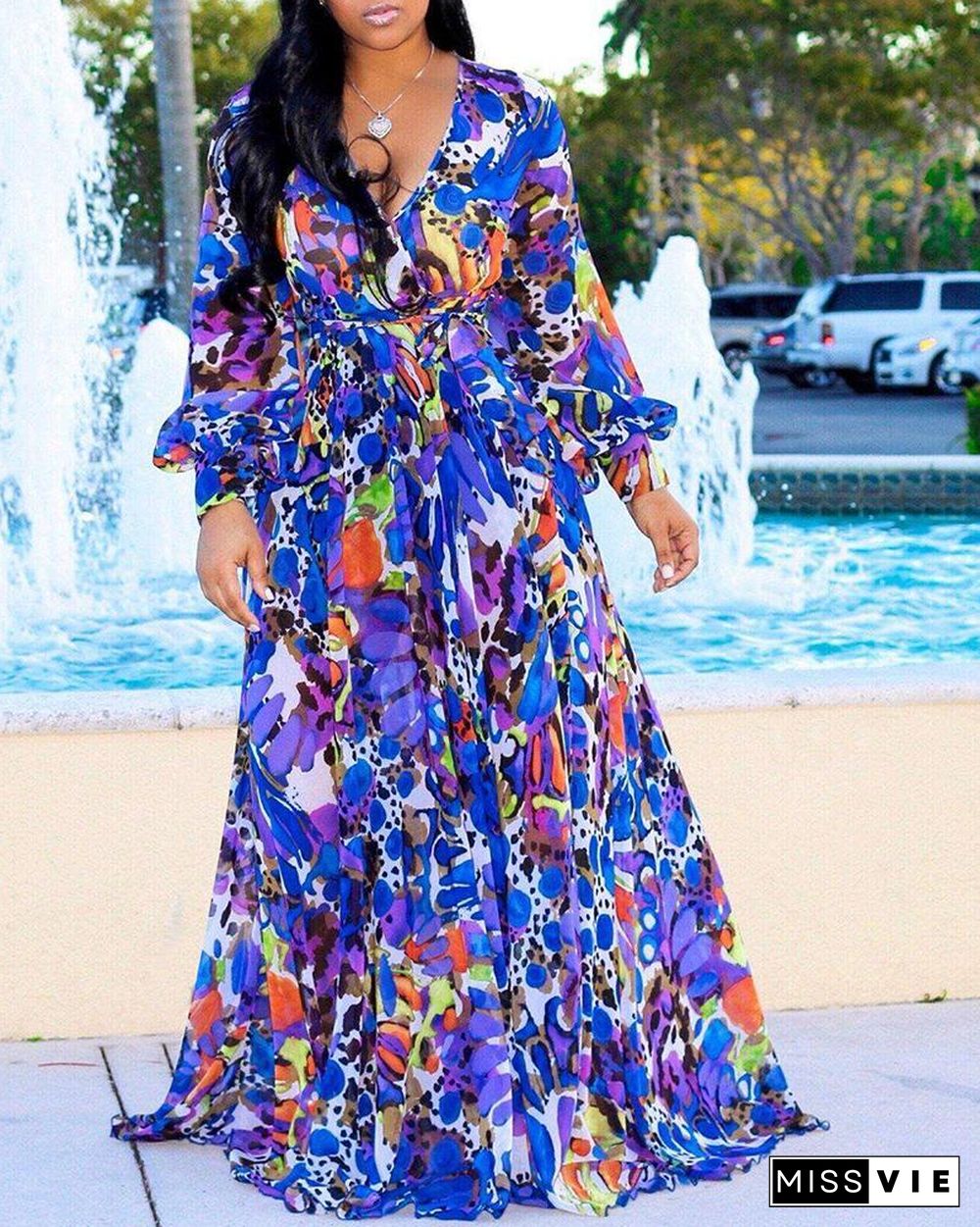 Tropical Print Deep V Belted Warp Maxi Dress P16067