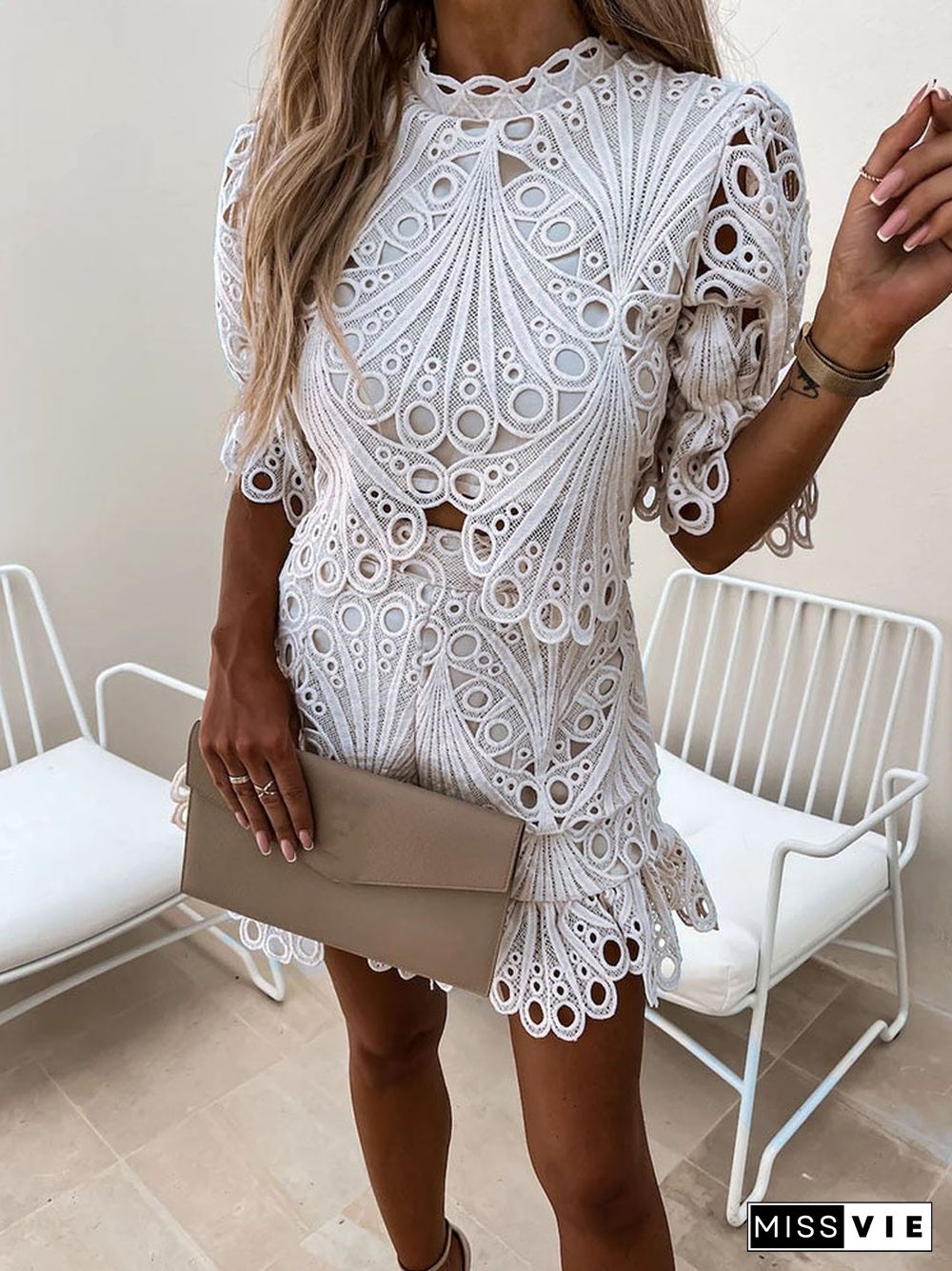 Summer Elegant Outfits Fashion Embroidery Crochet Lace Hollow Out Women 2 Piece Set Back Zipper Casual Short Sleeve Shorts Suits