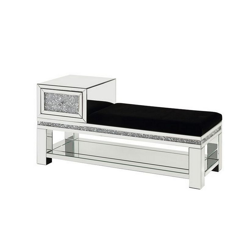 Mirrored Storage Bench with Faux Diamonds and Open Shelf， Silver