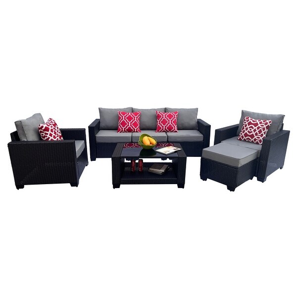 Modern 7PC PE Rattan Wicker Sofa Set，Cushioned Outdoor Furniture，Coffee Table