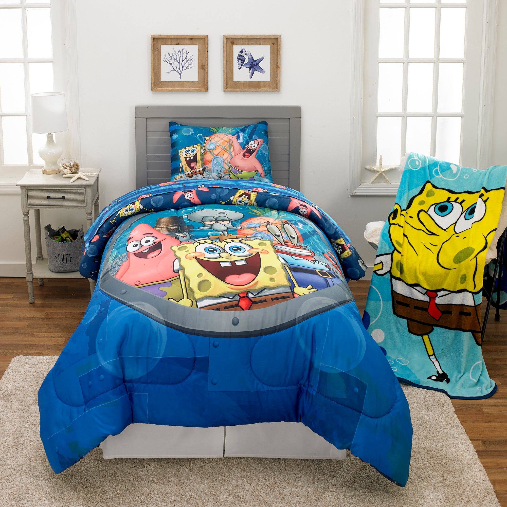 SpongeBob SquarePants Kids Comforter and Sham， 2-Piece Set， Twin/Full， Reversible， Blue