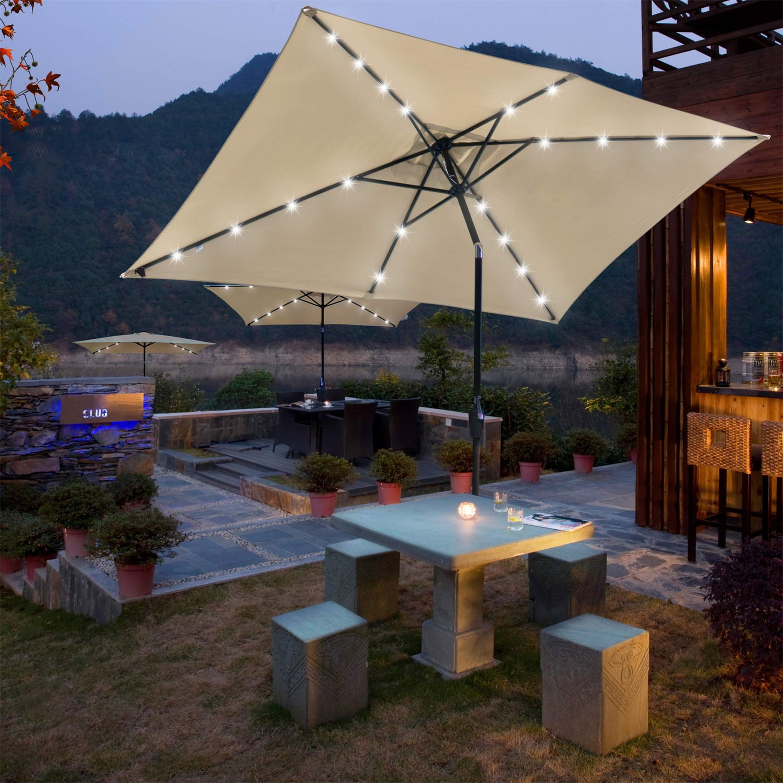 10x6.5ft Outdoor Rectangle Solar Powered LED Lighted Patio Umbrella with Crank Tilt for Table Market Beach Pool Taupe