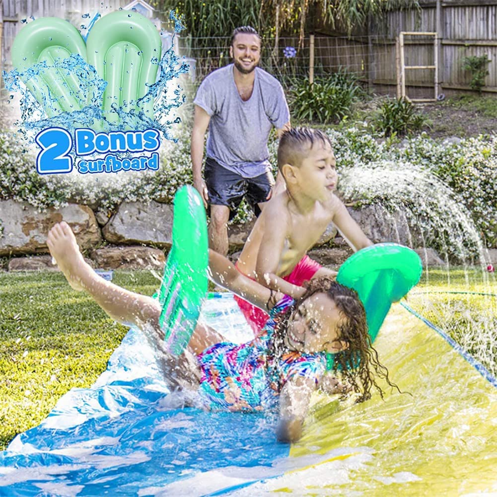 Terra Double Lane Slip with 2 Bodyboards, Inflatable Lawn Water Slides Summer Toy with Build in Sprinkler for Children And Adults Garden & Backyard Waterslide Fun Toy Play 16ft x 55in