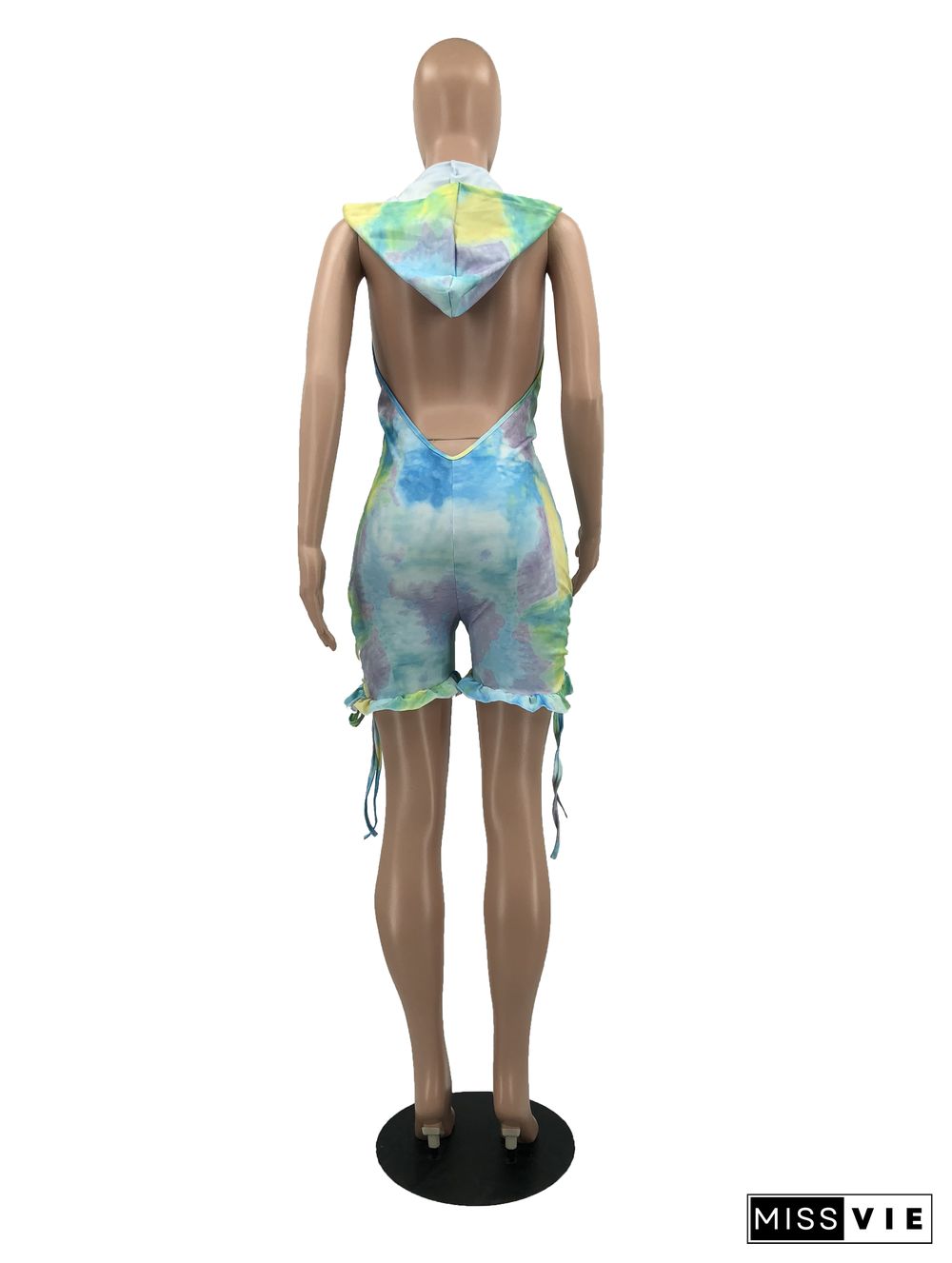 Tie Dye Ruffle Backless Hooded Drawstring Romper