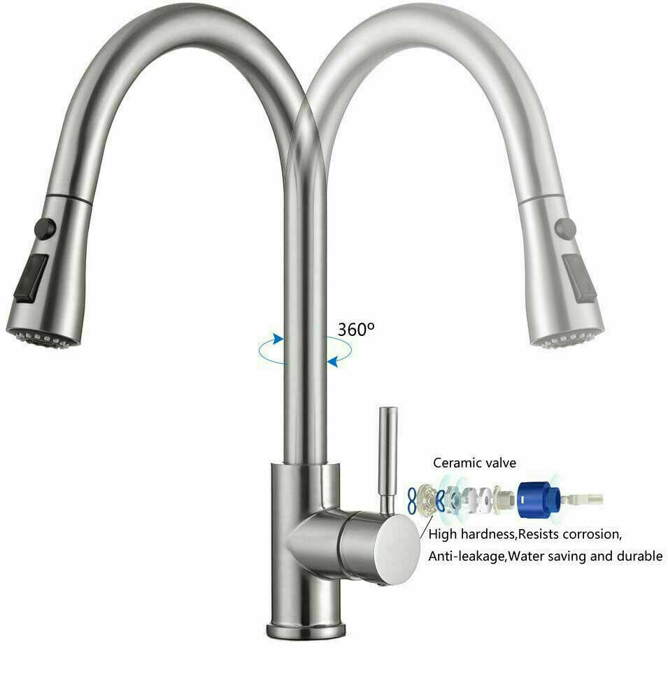 Kitchen Faucet， Pull Down Sprayer Stainless Steel Kitchen Sink Faucet with Deck Plate