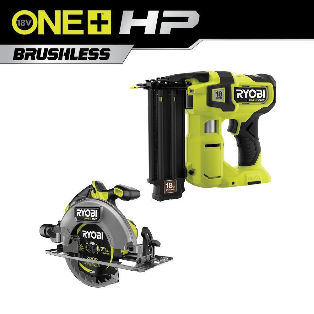 RYOBI ONE+ HP 18V 18-Gauge Brushless Cordless AirStrike Brad Nailer with ONE+ HP Brushless 7-14 in. Circular Saw (Tools Only) P322-PBLCS300B