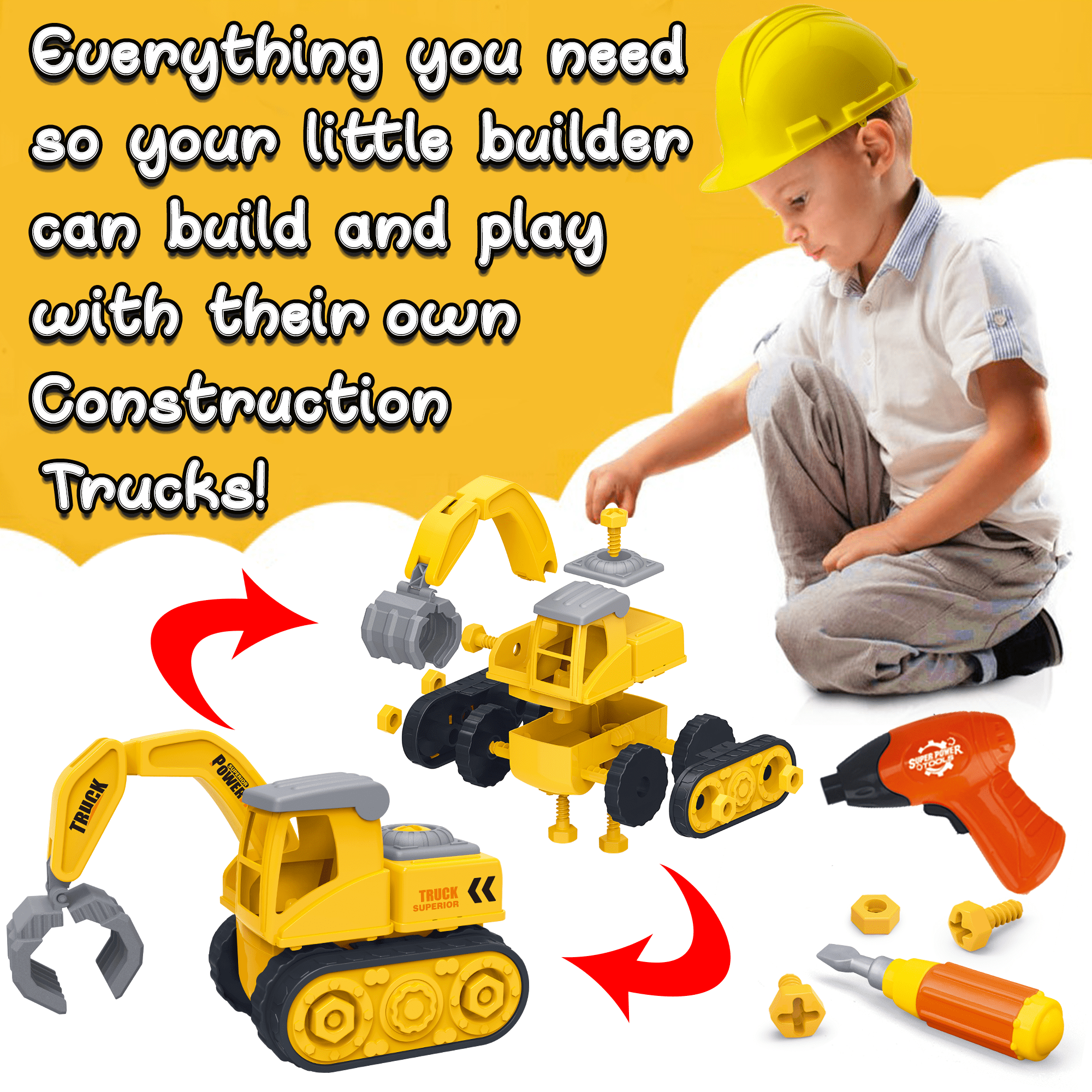 Take Apart Truck Toys for Boys and Girls， Set of 3 Construction Vehicles for Kids， Build a Dump Truck， Excavator and Crane， Take a Part Truck Toy with Drill and Tools for Toddlers 2-5 Years Old