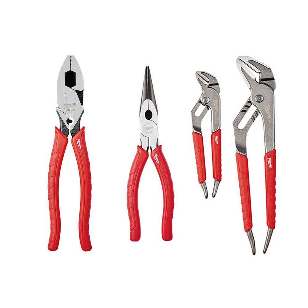 MW 10 in. High Leverage Lineman's Pliers with Crimper and Long Nose Pliers  6 in.10 in. Straight-Jaw Pliers Set (4-Piece) 48-22-6100-48-22-6101-48-22-6330