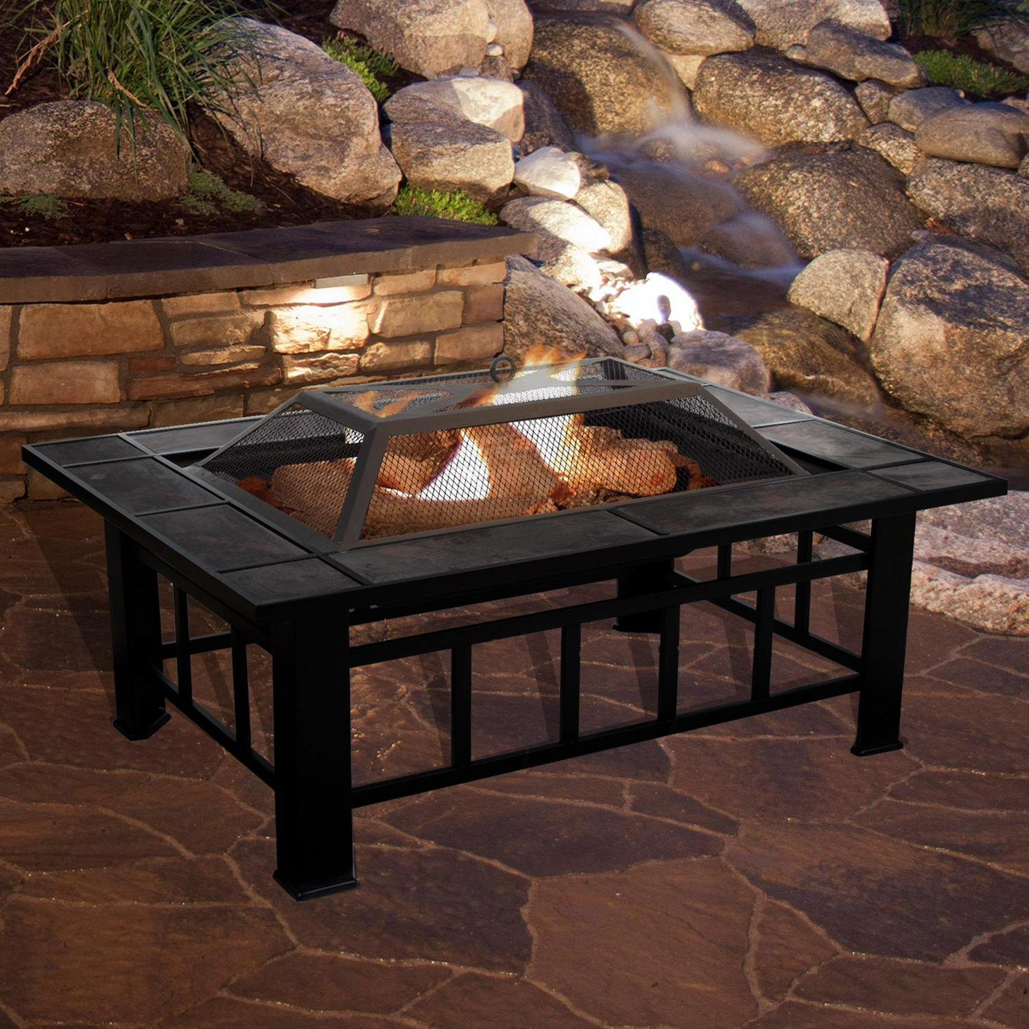 Pure Garden Fire Pit Set， Wood Burning Pit  Includes Screen， Cover and Log Poker  Great for Outdoor and Patio， 37 Marble Tile Rectangular Firepit