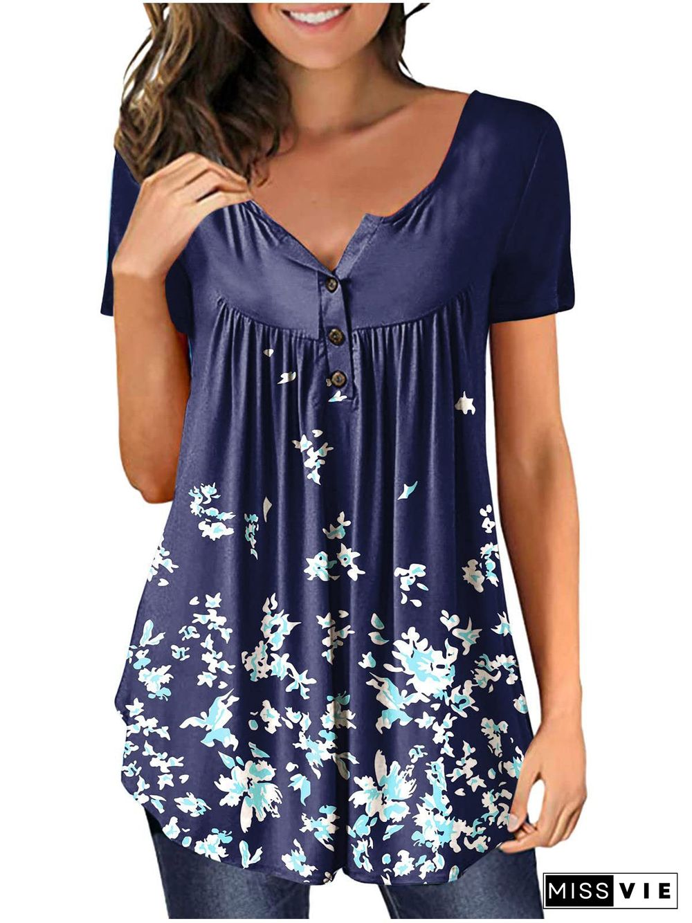 Women's V Neck Short Sleeve Floral Print Top T-Shirt