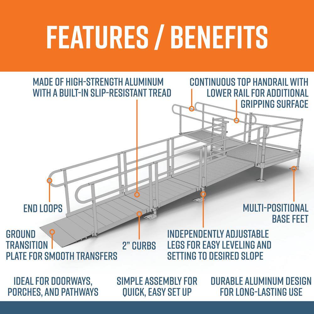 EZ-ACCESS PATHWAY 20 ft. L-Shaped Aluminum Wheelchair Ramp Kit with Solid Surface Tread 2-Line Handrails and 5 ft. Turn Platform PS20L55T