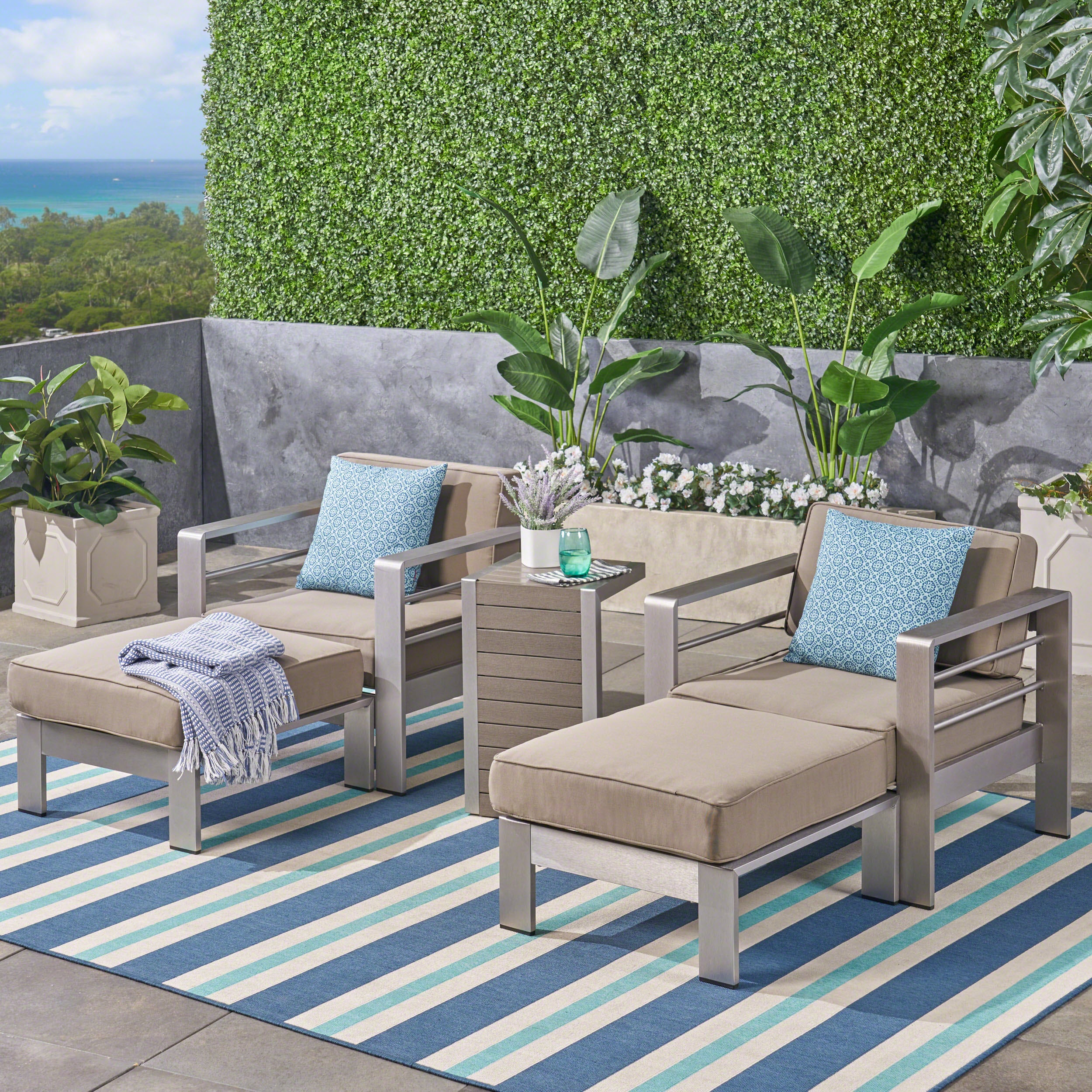 Emily Coral Outdoor Aluminum 2-Seater Club Chair Chat Set with Ottomans and Side Table