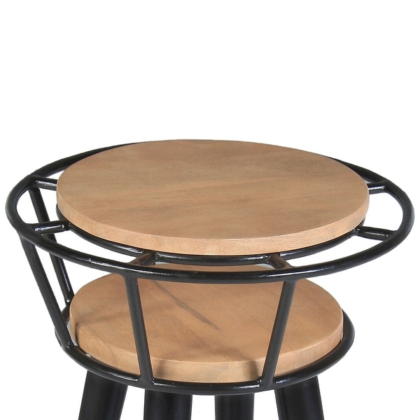 Industrial End Table with 2 Tier Round Wooden Shelving and Metal Frame， White Oak and Black