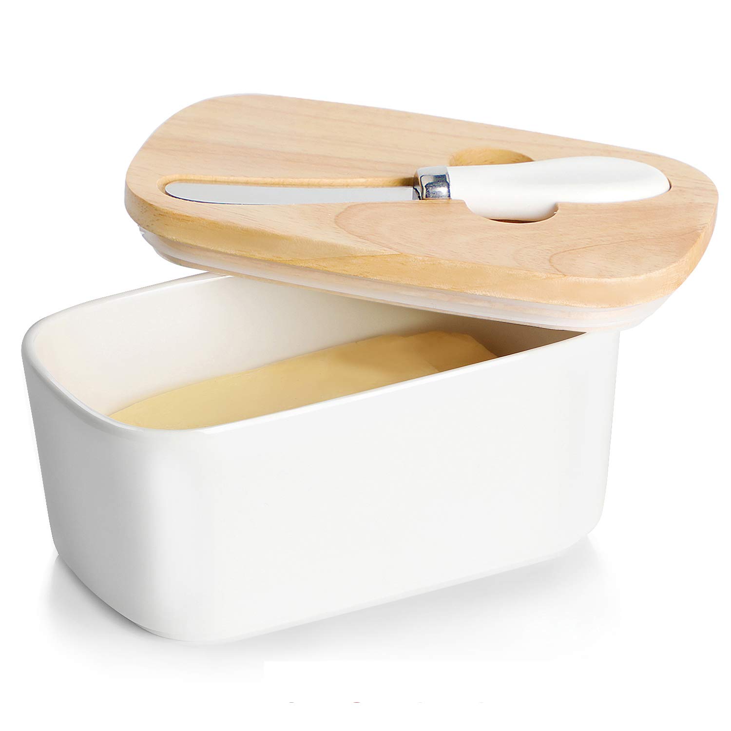 Butter Dish - Large Ceramics Butter Holder with Silicone Sealing， Natural Wooden Lid and Stainless Steel Knife， Perfect for 2 Stick of Butter， White