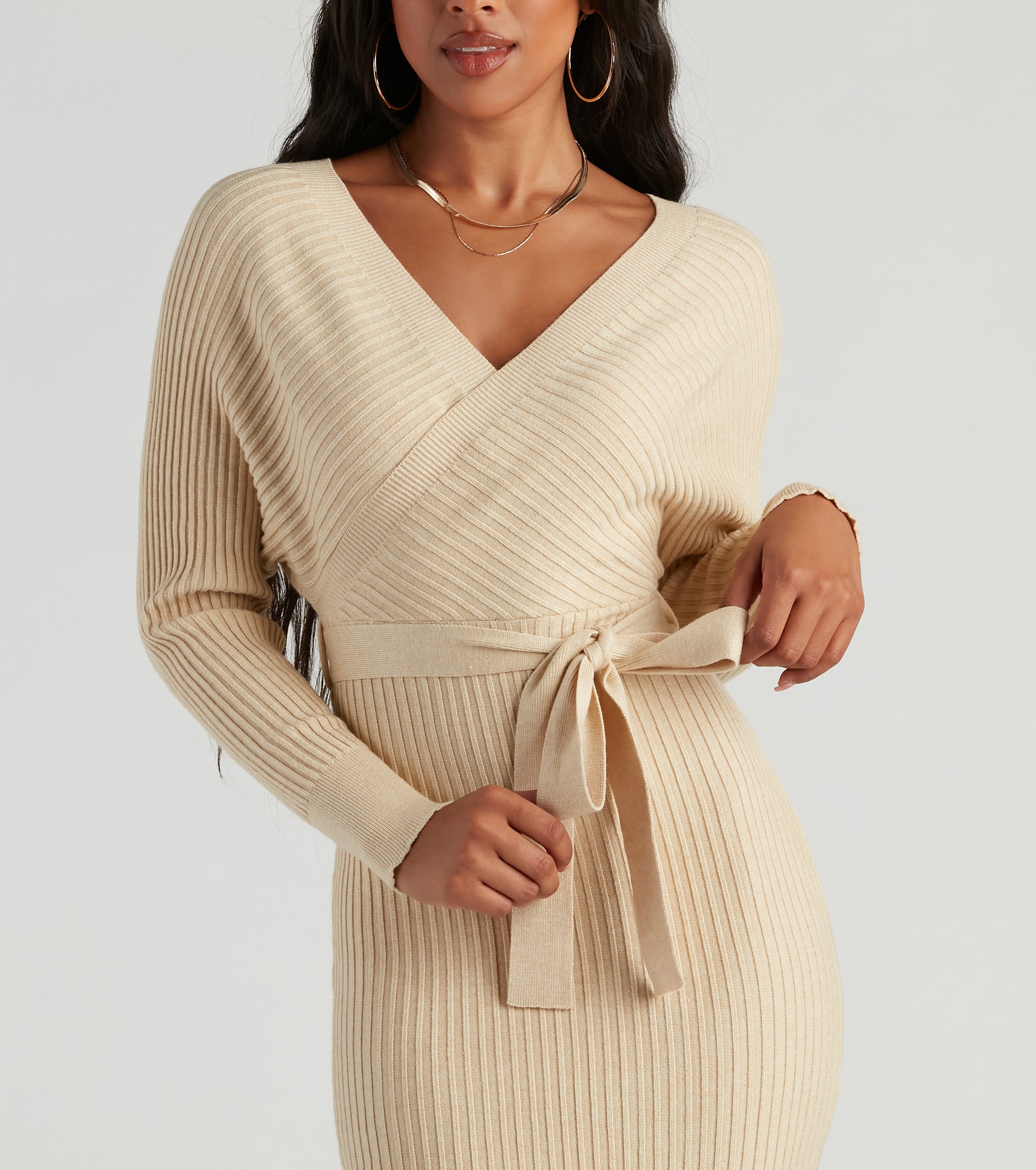 Ribbed Knit Tie-Front Mini Sweater Dress