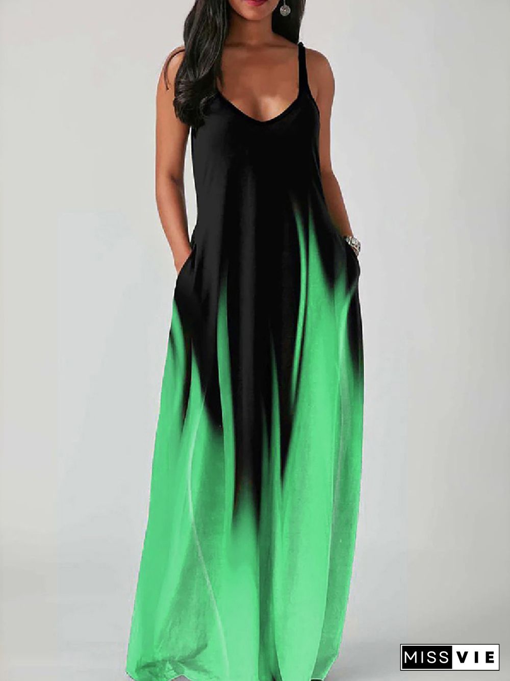 Loose Sleeveless Contrast Color Gradient Spaghetti-Neck Maxi Dresses