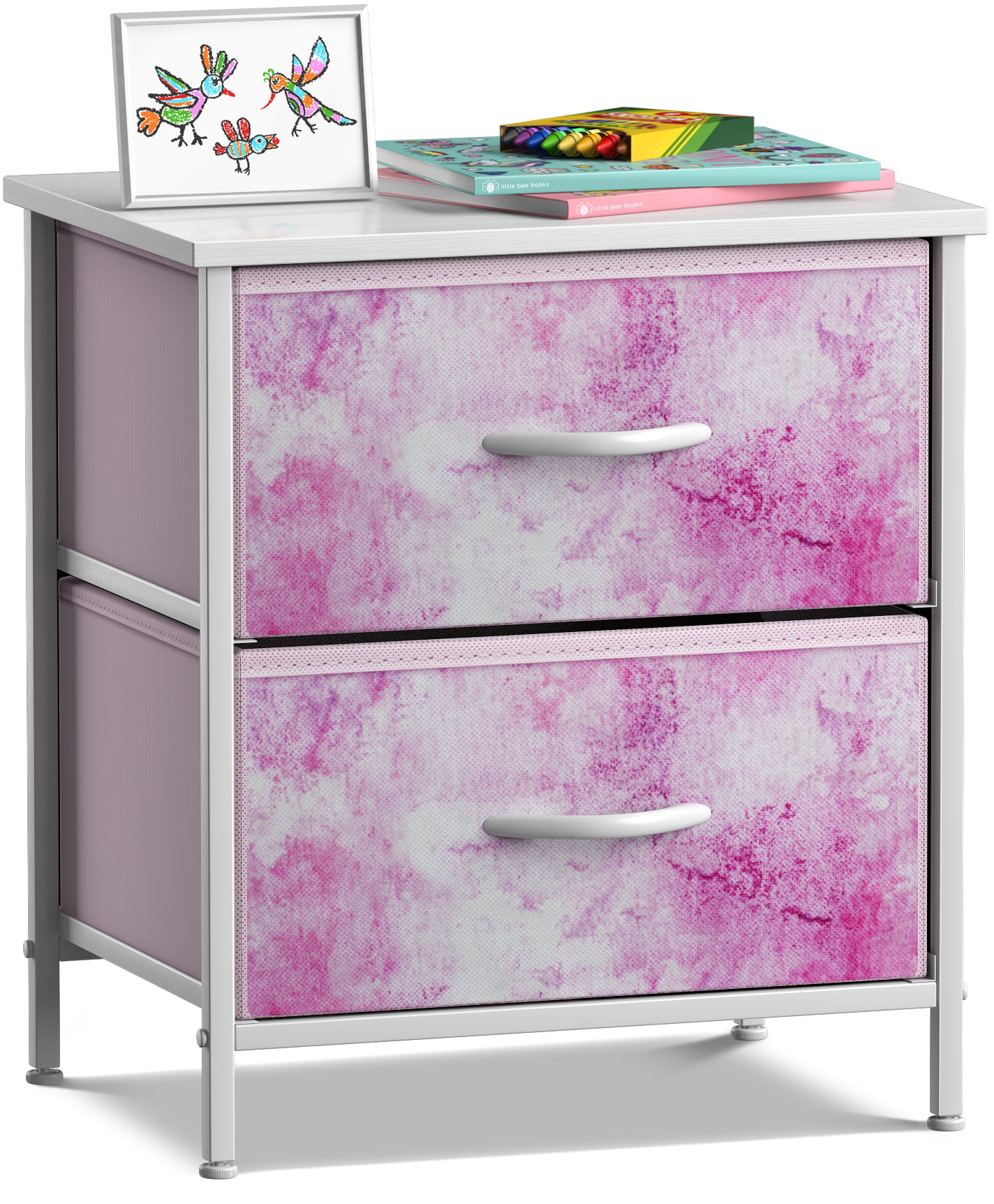 Sorbus Nightstand with 2 Drawers - Bedside Furniture and Accent End Table Chest for Home， Bedroom Accessories， Office， College Dorm， Steel Frame， Wood Top， Easy Pull Fabric Bins (2-Drawer， Pink)