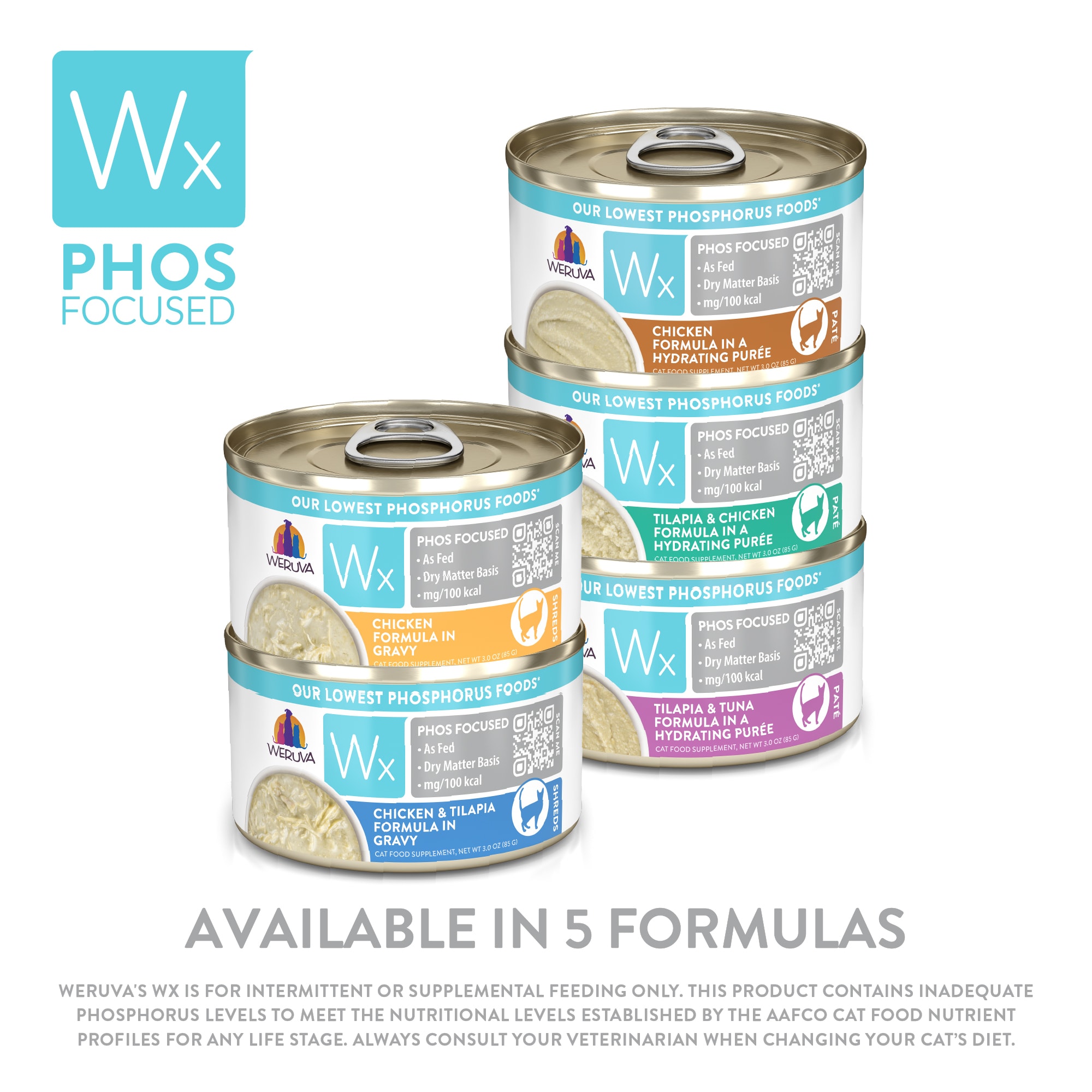 Wx Phos Focused Foods Chicken Formulas Variety Pack Wet Cat Food， 3 oz.， Count of 12