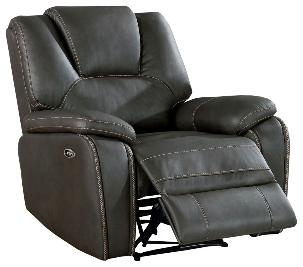 Leatherette Power Recliner With Pillow Top Arms Dark Gray  Saltoro Sherpi   Contemporary   Recliner Chairs   by VirVentures  Houzz