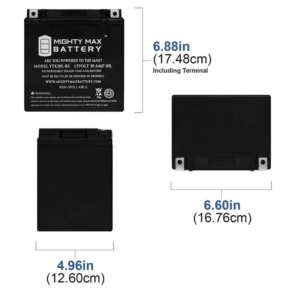 MIGHTY MAX BATTERY YTX30L-BS 12V 30AH Replacement Battery for High Performance ETX30L-BS MAX3946771