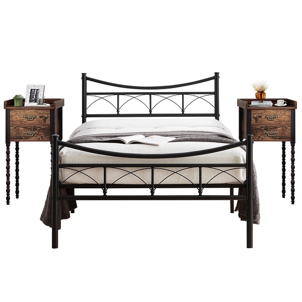 Taomika 3-pieces Bedroom Set，Black Platform Bed and Retro 2-Drawers Nightstands Set of 2 - - 36146936