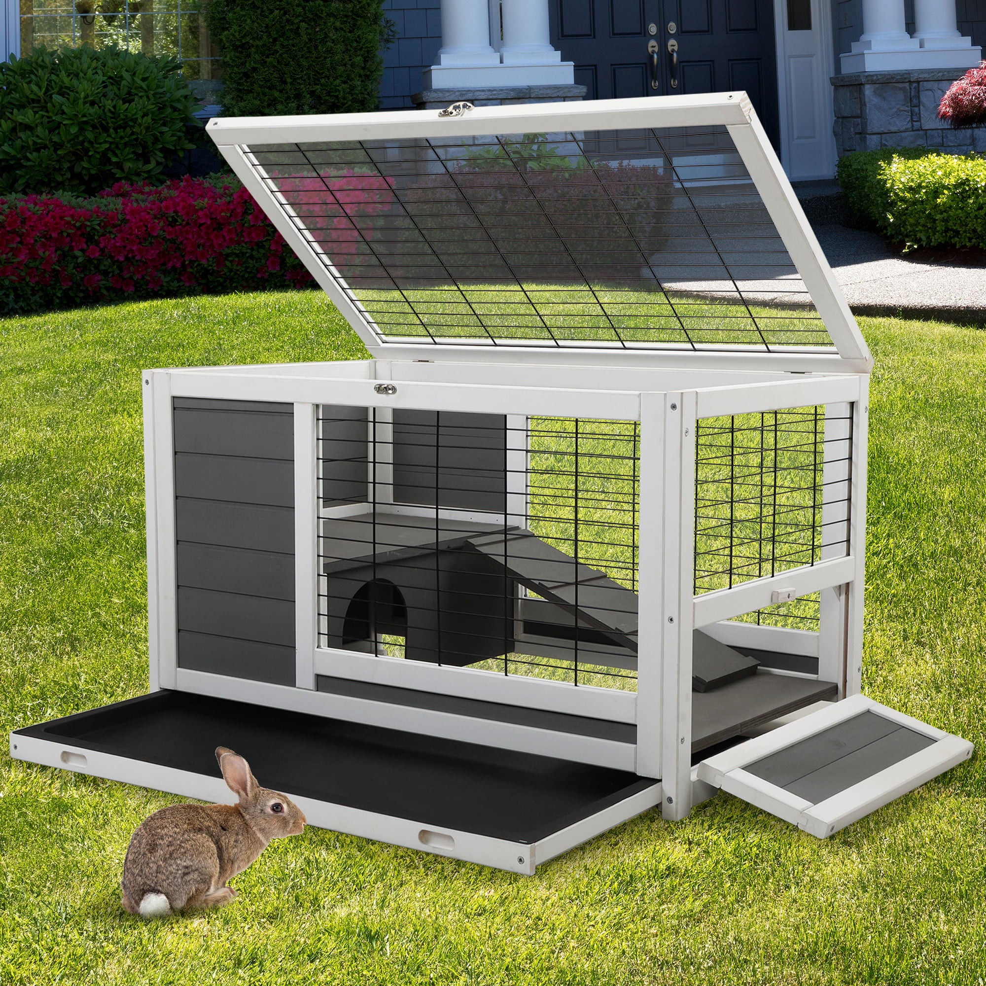 2-Tier Pet House，Indoor Rabbit Hutch with Enclosed Run，for Rabbits and Guinea Pigs，Grey