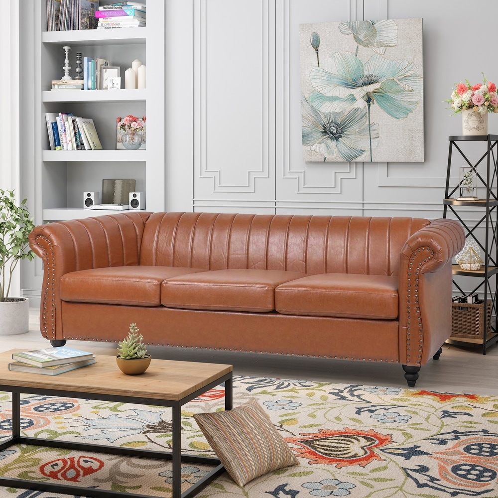 Modern PU Rolled Arm Chesterfield Three Seater Sofa